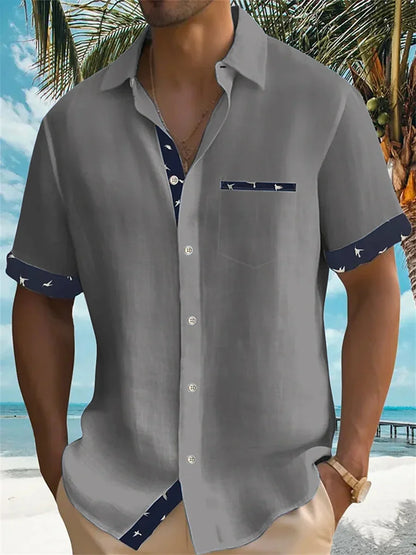 2024 new summer shirt men's Hawaiian shirt casual fashion street short -sleeved beach resort men's pocket shirt