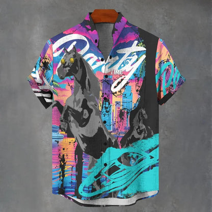 3D digital printing image of linen short sleeved shirt, designed for men's party atmosphere, casual style, retro men's shirt