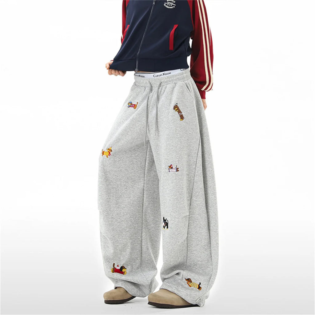 Women's Sausage Dog Embroidered Fashion Loose Trousers 2026 Summer New High Street Casual Pants Comfortable Straight Sweatpants