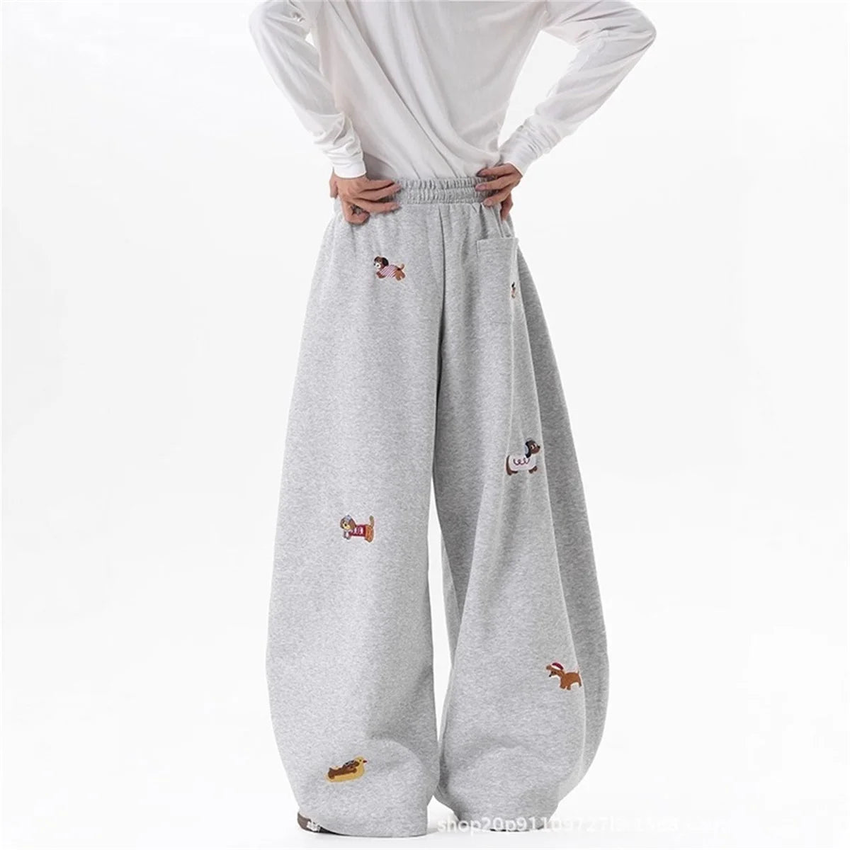 Women's Sausage Dog Embroidered Fashion Loose Trousers 2026 Summer New High Street Casual Pants Comfortable Straight Sweatpants