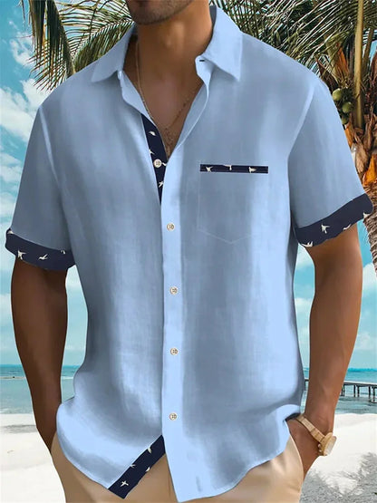 2024 new summer shirt men's Hawaiian shirt casual fashion street short -sleeved beach resort men's pocket shirt