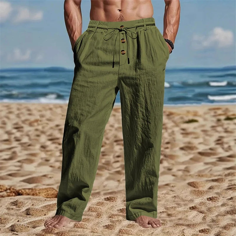 New Men's Breathable Casual Linen Trousers – Stylish Streetwear Joggers & Loose-Fit Straight-Leg Beach Pants