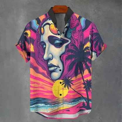 3D digital printing image of linen short sleeved shirt, designed for men's party atmosphere, casual style, retro men's shirt
