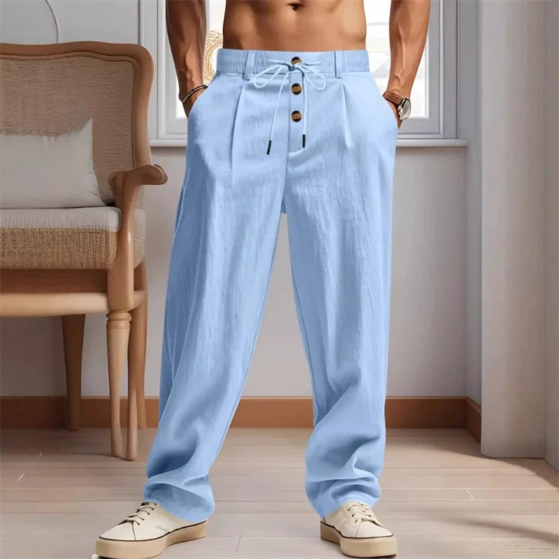 New Men's Breathable Casual Linen Trousers – Stylish Streetwear Joggers & Loose-Fit Straight-Leg Beach Pants