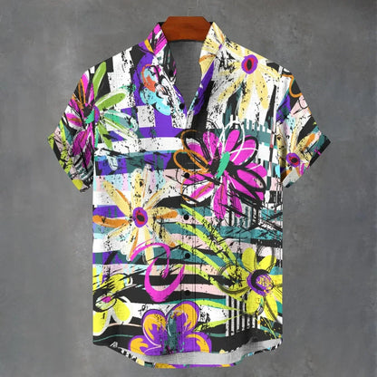 3D digital printing image of linen short sleeved shirt, designed for men's party atmosphere, casual style, retro men's shirt