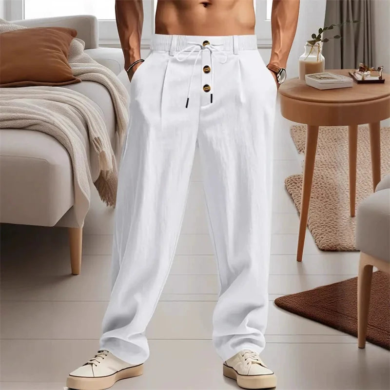 New Men's Breathable Casual Linen Trousers – Stylish Streetwear Joggers & Loose-Fit Straight-Leg Beach Pants