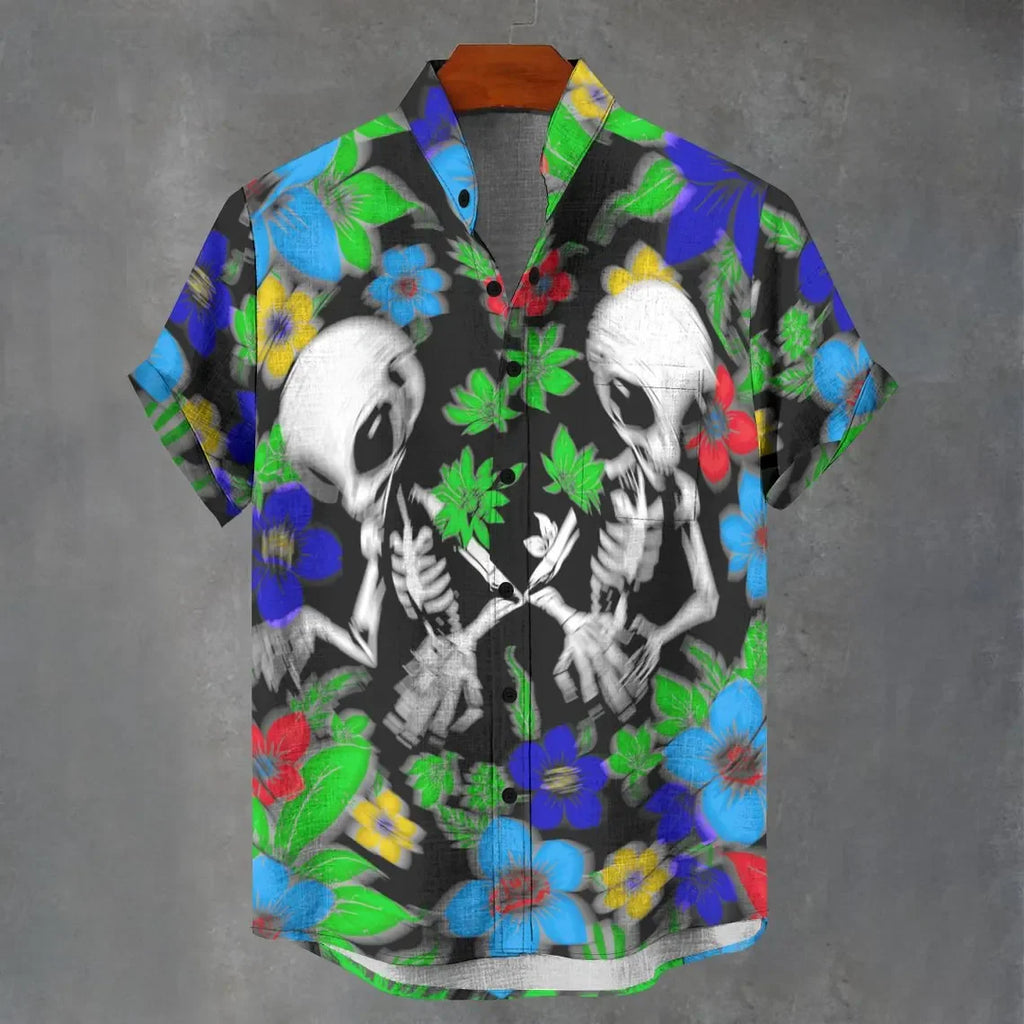 3D digital printing image of linen short sleeved shirt, designed for men's party atmosphere, casual style, retro men's shirt