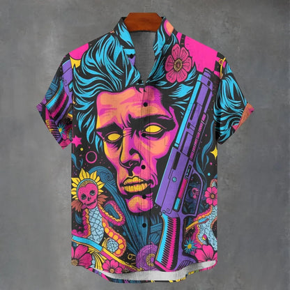 3D digital printing image of linen short sleeved shirt, designed for men's party atmosphere, casual style, retro men's shirt