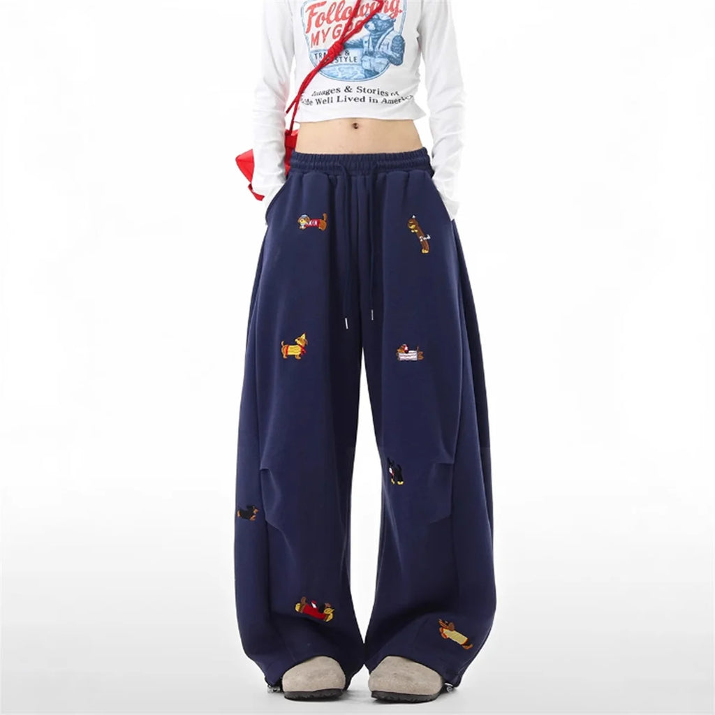 Women's Sausage Dog Embroidered Fashion Loose Trousers 2026 Summer New High Street Casual Pants Comfortable Straight Sweatpants