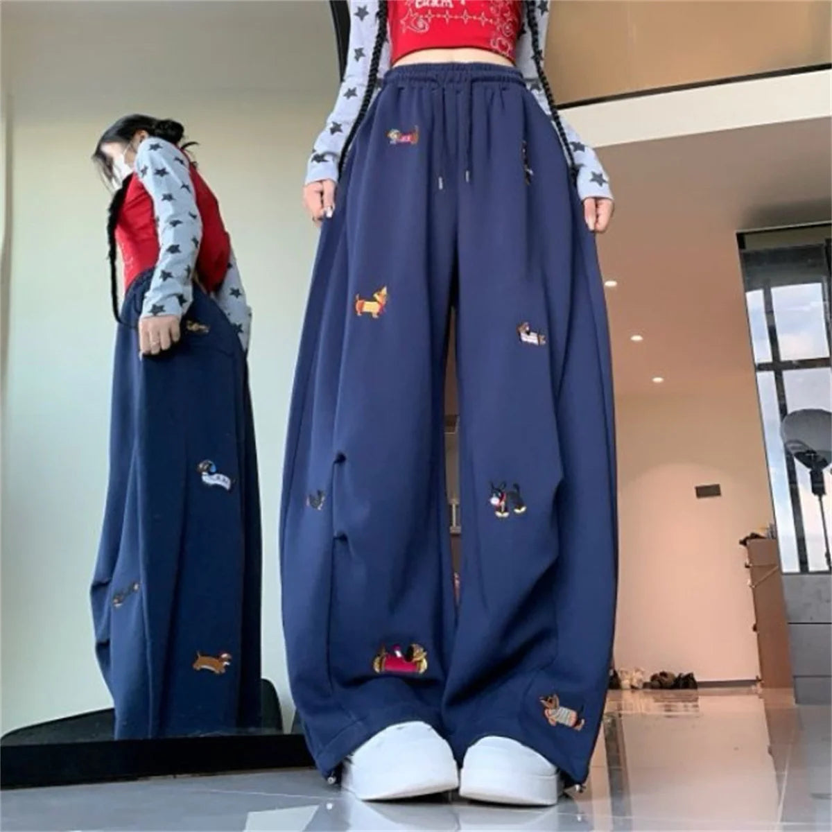 Women's Sausage Dog Embroidered Fashion Loose Trousers 2026 Summer New High Street Casual Pants Comfortable Straight Sweatpants