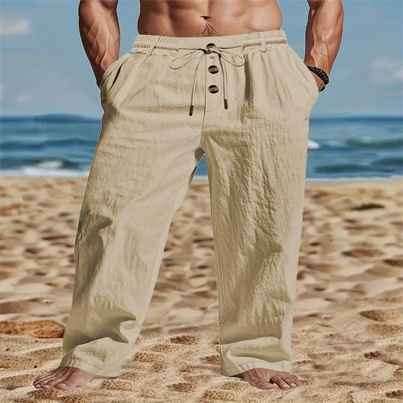 New Men's Breathable Casual Linen Trousers – Stylish Streetwear Joggers & Loose-Fit Straight-Leg Beach Pants
