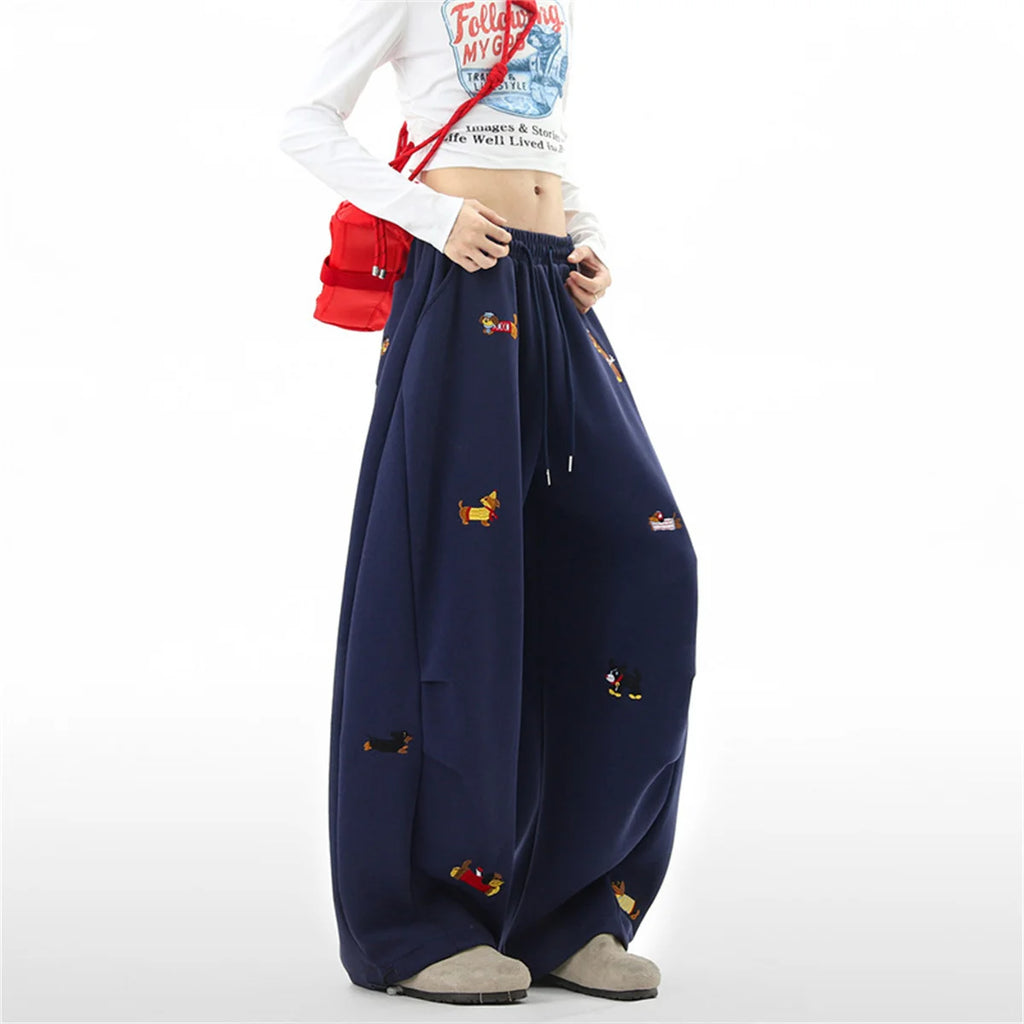 Women's Sausage Dog Embroidered Fashion Loose Trousers 2026 Summer New High Street Casual Pants Comfortable Straight Sweatpants