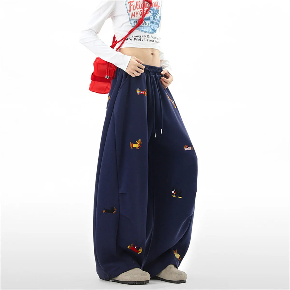 Women's Sausage Dog Embroidered Fashion Loose Trousers 2026 Summer New High Street Casual Pants Comfortable Straight Sweatpants
