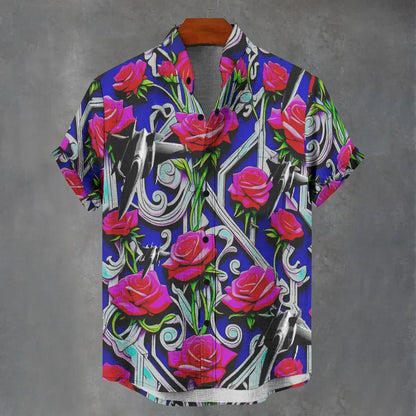 3D digital printing image of linen short sleeved shirt, designed for men's party atmosphere, casual style, retro men's shirt