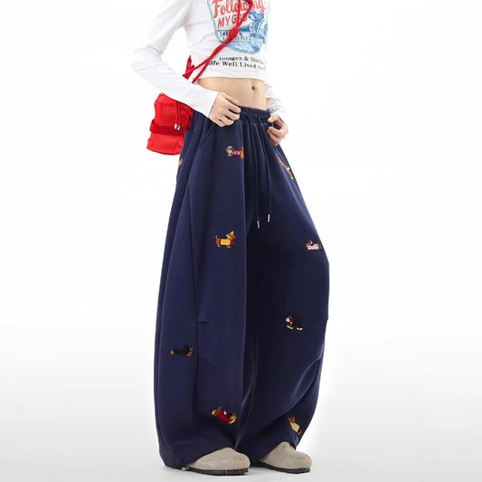 Women's Sausage Dog Embroidered Fashion Loose Trousers 2026 Summer New High Street Casual Pants Comfortable Straight Sweatpants