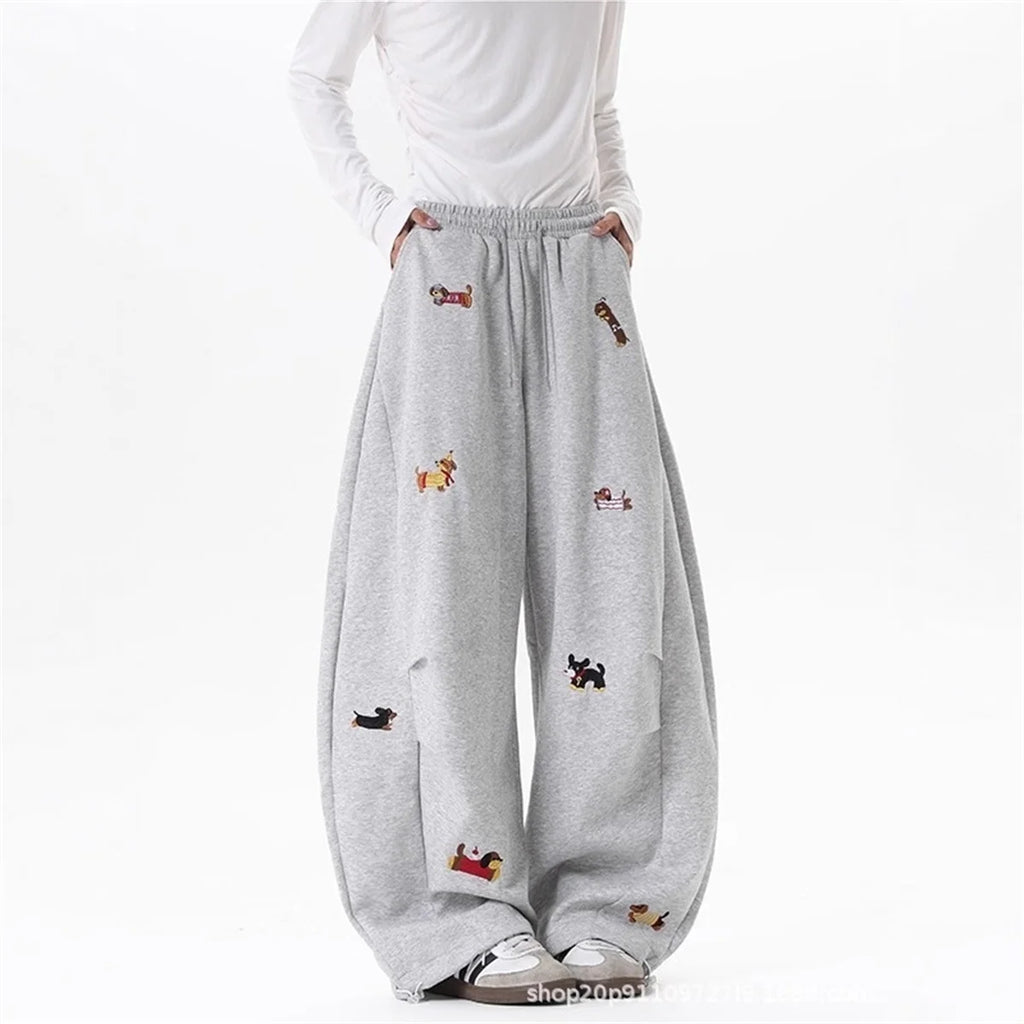 Women's Sausage Dog Embroidered Fashion Loose Trousers 2026 Summer New High Street Casual Pants Comfortable Straight Sweatpants