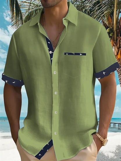 2024 new summer shirt men's Hawaiian shirt casual fashion street short -sleeved beach resort men's pocket shirt