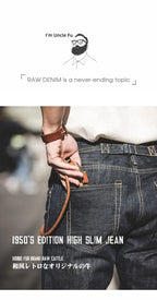 Maden Men's 14oz Raw Selvedge Denim Jeans Vintage Straight Fit Horsehide Leather Patch Paris Buckle Jeans for Autumn and Winter