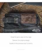 Maden Men's 14oz Raw Selvedge Denim Jeans Vintage Straight Fit Horsehide Leather Patch Paris Buckle Jeans for Autumn and Winter