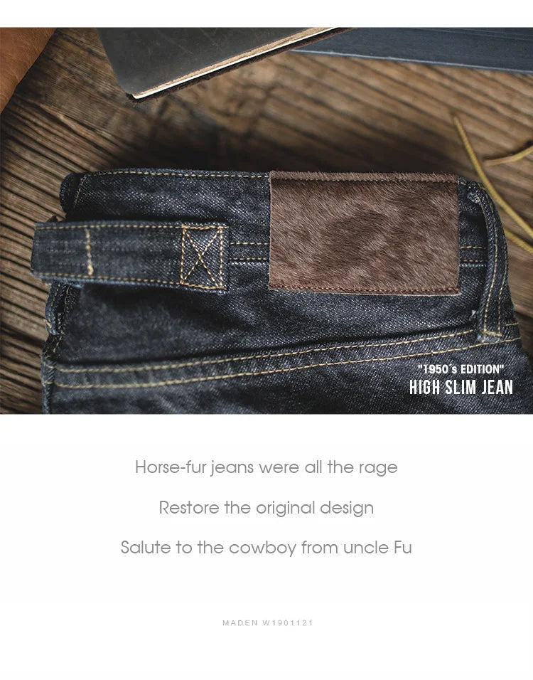 Maden Men's 14oz Raw Selvedge Denim Jeans Vintage Straight Fit Horsehide Leather Patch Paris Buckle Jeans for Autumn and Winter