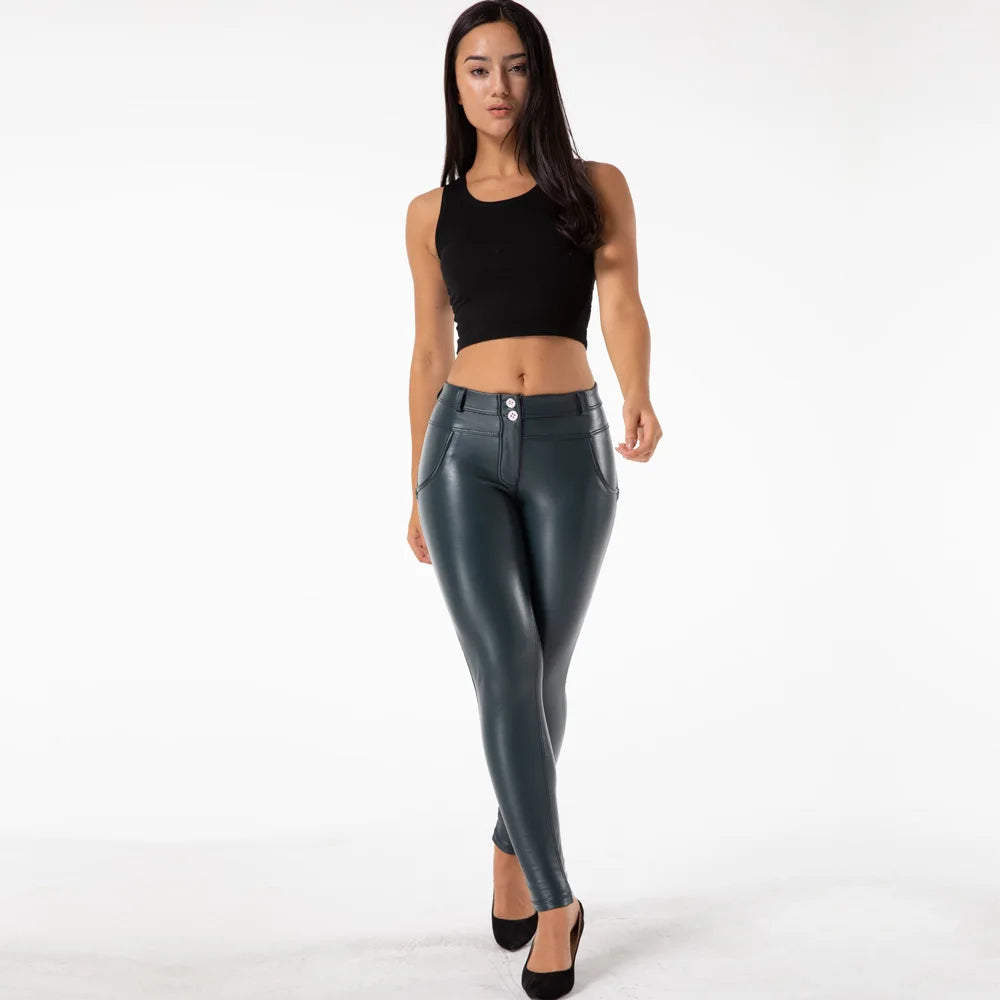Shascullfites Blue Faux Leather Leggings Butt Lift Stretch Spandex Latex Push up Gym Shaping Leggings