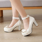 Summer 2025 Ladies Heels Platform Cute Bow Lace Princess Mary Jane Lolita Shoes Party High Heel Buckle Women Pumps Girls Sweet 8
