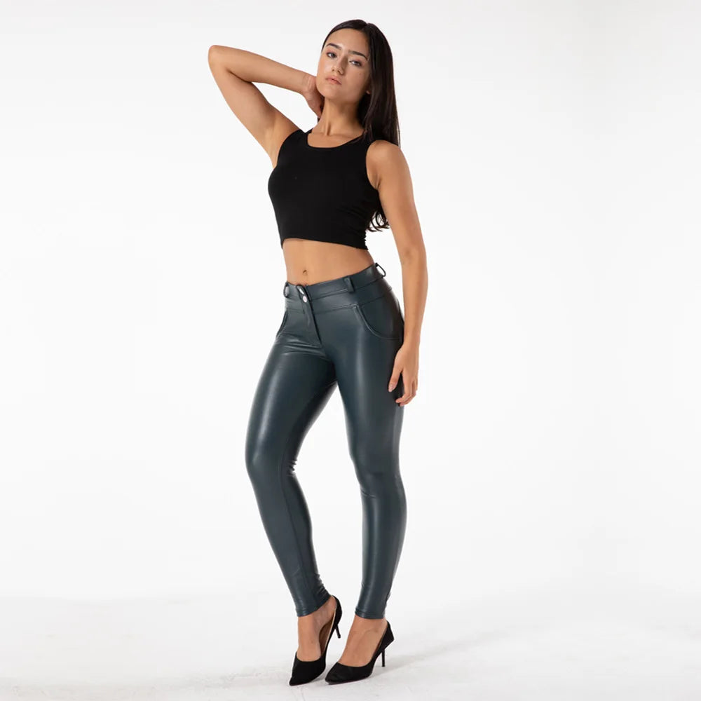 Shascullfites Blue Faux Leather Leggings Butt Lift Stretch Spandex Latex Push up Gym Shaping Leggings