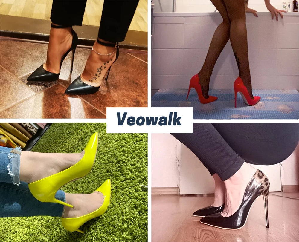 Veowalk Magazine Print Women Pointy Toe High Heel Shoes 80 100 120 Sexy Designer Stiletto Pumps for Party Big Size 43 44 45