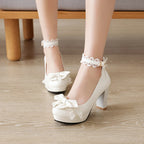 Summer 2025 Ladies Heels Platform Cute Bow Lace Princess Mary Jane Lolita Shoes Party High Heel Buckle Women Pumps Girls Sweet 8