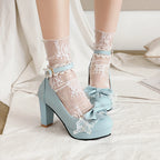Summer 2025 Ladies Heels Platform Cute Bow Lace Princess Mary Jane Lolita Shoes Party High Heel Buckle Women Pumps Girls Sweet 8