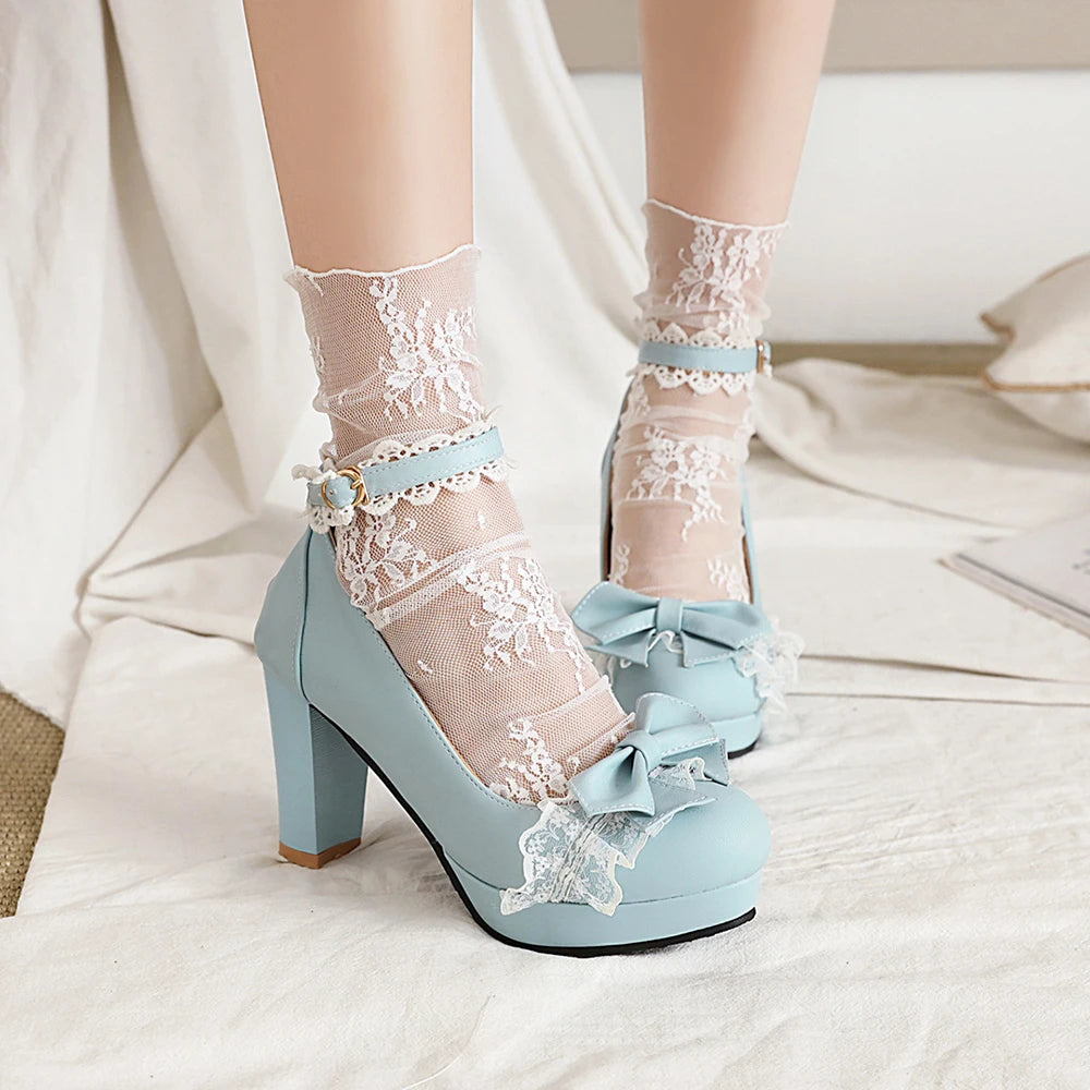 Summer 2025 Ladies Heels Platform Cute Bow Lace Princess Mary Jane Lolita Shoes Party High Heel Buckle Women Pumps Girls Sweet 8