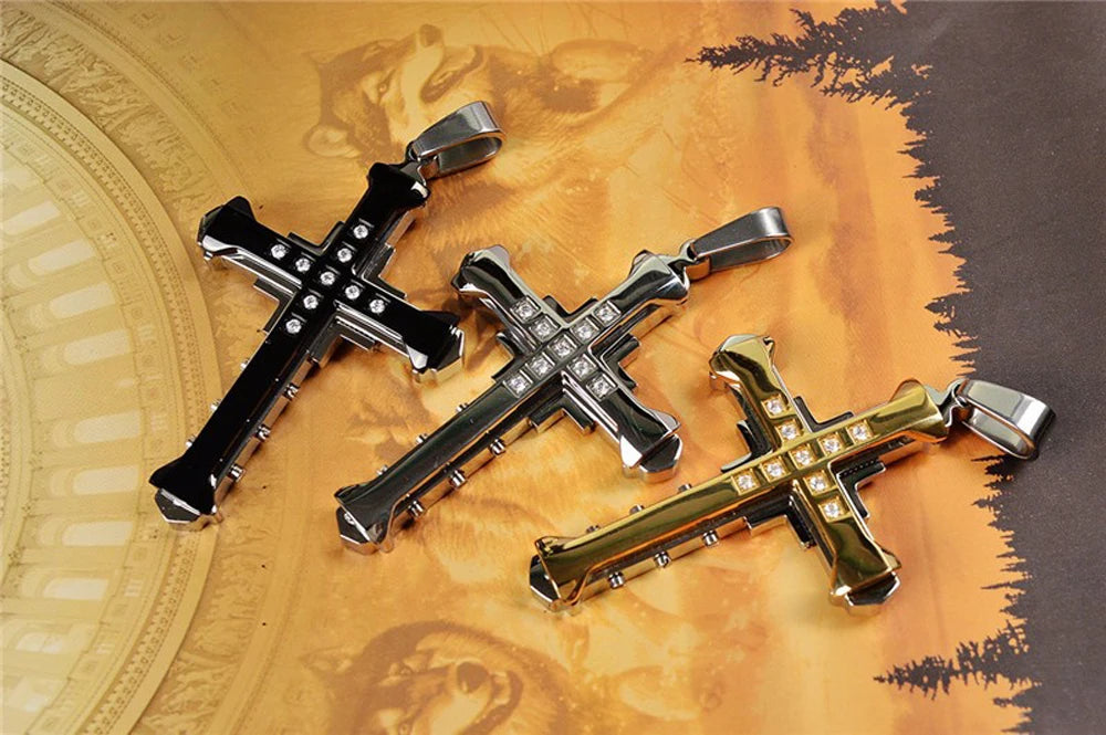 SUMENG 2025 New Male Crystal Cross Jesus Pendant Gold/Black/Blue Color Zirconia Necklace Stainless Steel Jewelry