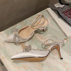 2026 New Fashion Glitter Rhinestones Women Pumps Crystal Bowknot Silk Pointed Toe Buckle Strap Thin High Heels Party Prom Shoes