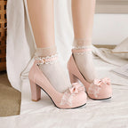 Summer 2025 Ladies Heels Platform Cute Bow Lace Princess Mary Jane Lolita Shoes Party High Heel Buckle Women Pumps Girls Sweet 8