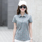 Women's Summer Cotton Shirt - Slim Fit Foldable Flip Collar Short Sleeve Printed Casual Top Trendy Button Design Fashion