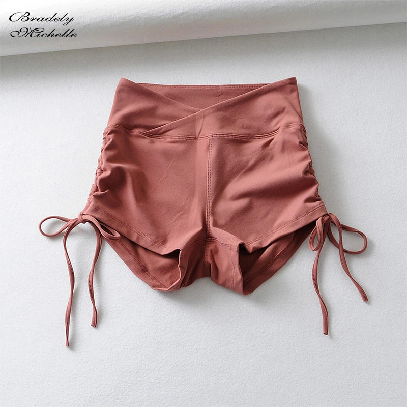 BRADELY MICHELLE Sexy Women High Waist Elastic Pure Color Tihgt Workout Drawstring Push Up Short Leggings Female