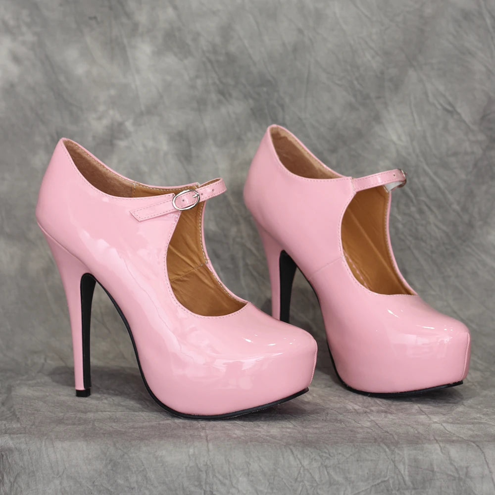 Women Pink Patent Leather High Heels Sexy Side Cut Out Ankle Strap Ultra Thick Platform Stiletto Pumps Lolita Cosplay SSize 5-15
