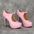 Women Pink Patent Leather High Heels Sexy Side Cut Out Ankle Strap Ultra Thick Platform Stiletto Pumps Lolita Cosplay SSize 5-15