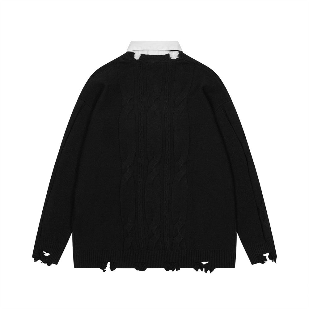 Harajuku False Two Shirt Sweaters Mens Necktie Damaged Ripped Dress Sweater Autumn Loose Casual Color Block Pullover Y2k