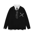 Harajuku False Two Shirt Sweaters Mens Necktie Damaged Ripped Dress Sweater Autumn Loose Casual Color Block Pullover Y2k