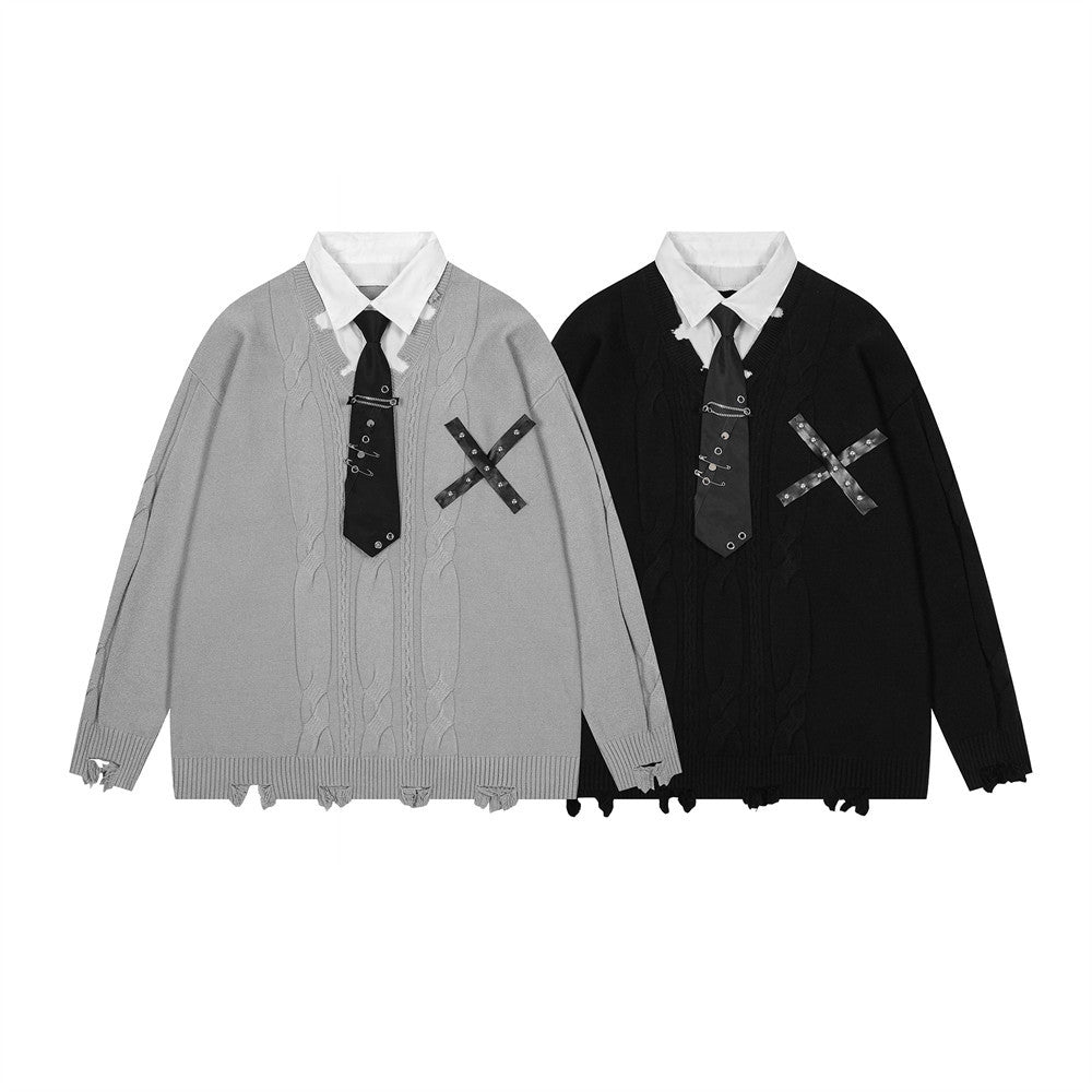 Harajuku False Two Shirt Sweaters Mens Necktie Damaged Ripped Dress Sweater Autumn Loose Casual Color Block Pullover Y2k