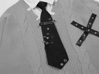 Harajuku False Two Shirt Sweaters Mens Necktie Damaged Ripped Dress Sweater Autumn Loose Casual Color Block Pullover Y2k
