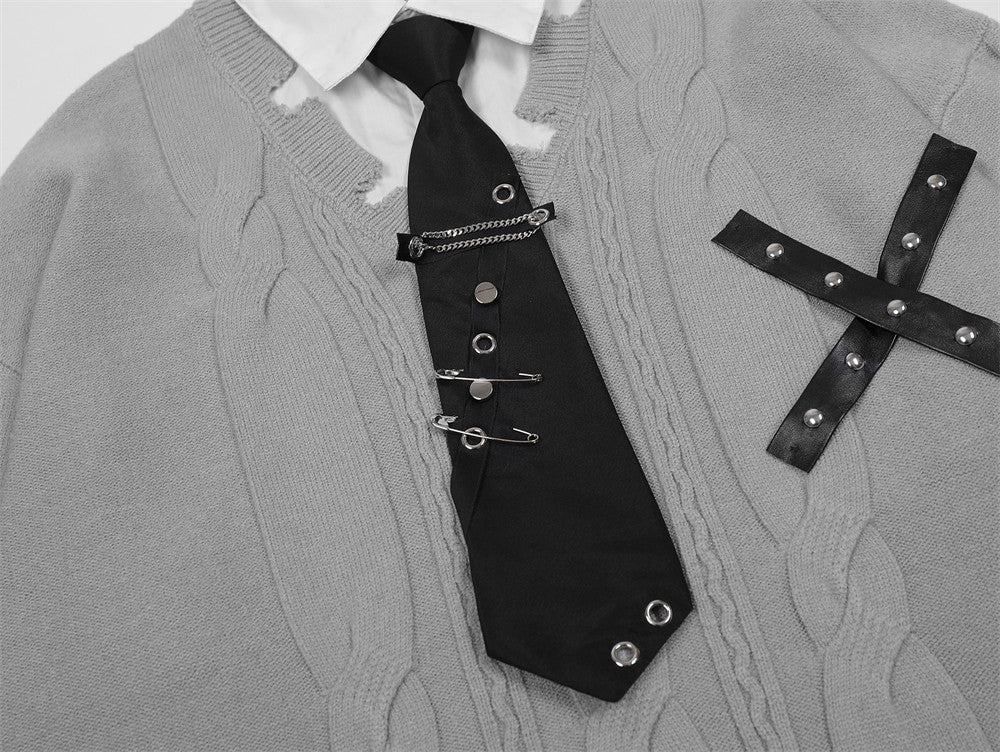 Harajuku False Two Shirt Sweaters Mens Necktie Damaged Ripped Dress Sweater Autumn Loose Casual Color Block Pullover Y2k