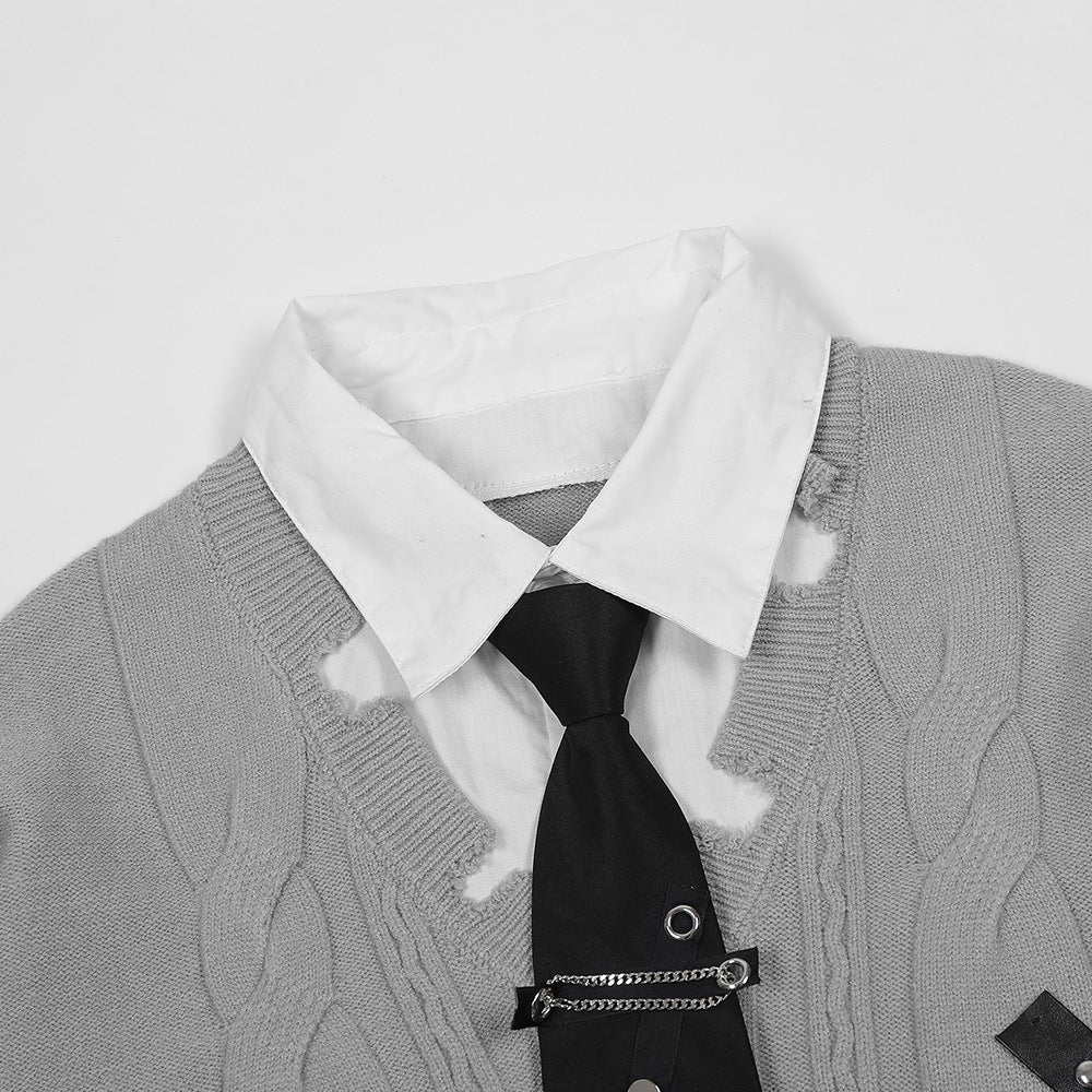Harajuku False Two Shirt Sweaters Mens Necktie Damaged Ripped Dress Sweater Autumn Loose Casual Color Block Pullover Y2k