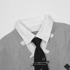 Harajuku False Two Shirt Sweaters Mens Necktie Damaged Ripped Dress Sweater Autumn Loose Casual Color Block Pullover Y2k