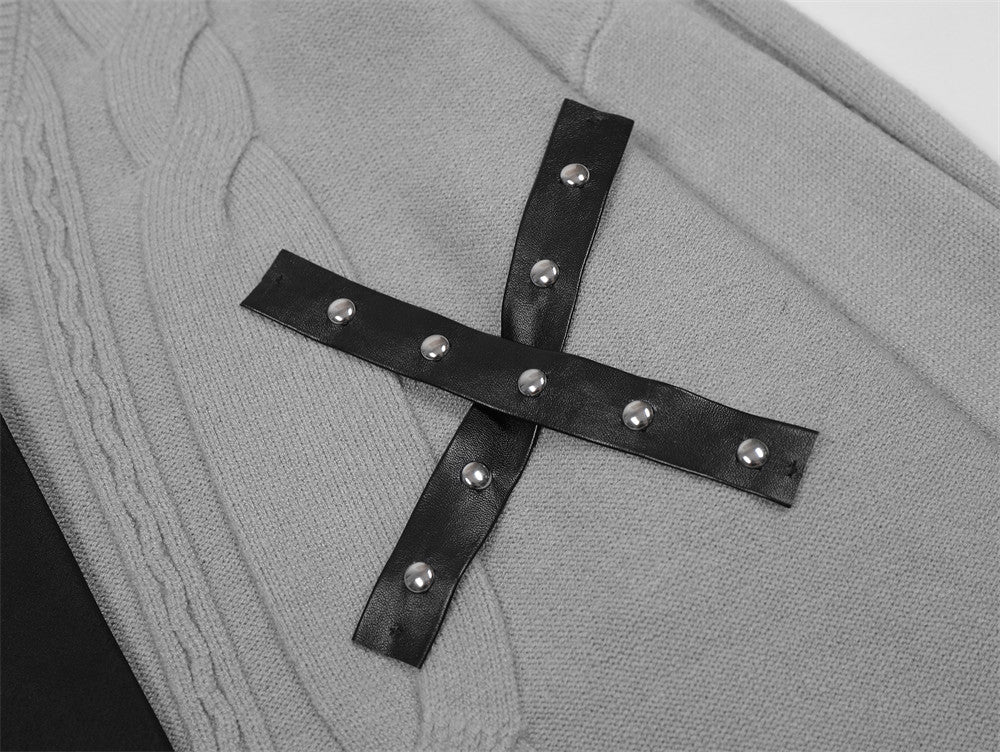 Harajuku False Two Shirt Sweaters Mens Necktie Damaged Ripped Dress Sweater Autumn Loose Casual Color Block Pullover Y2k
