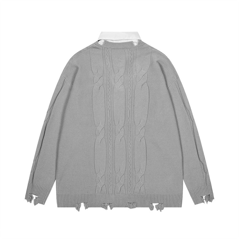 Harajuku False Two Shirt Sweaters Mens Necktie Damaged Ripped Dress Sweater Autumn Loose Casual Color Block Pullover Y2k