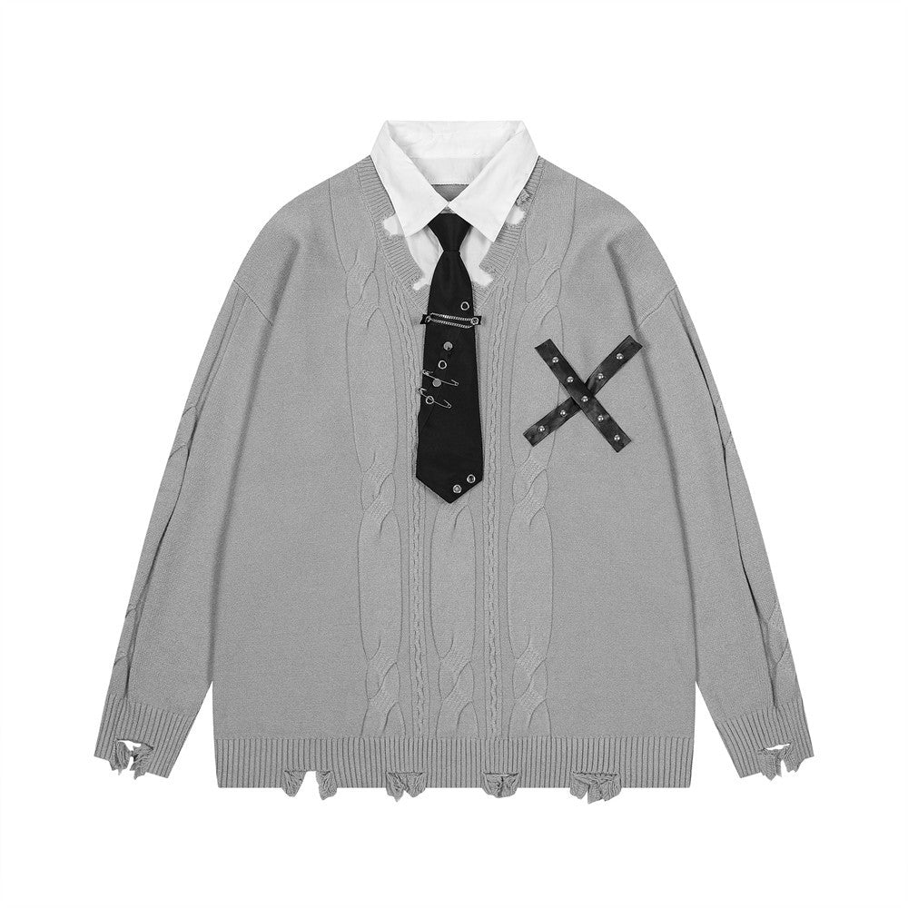 Harajuku False Two Shirt Sweaters Mens Necktie Damaged Ripped Dress Sweater Autumn Loose Casual Color Block Pullover Y2k