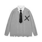 Harajuku False Two Shirt Sweaters Mens Necktie Damaged Ripped Dress Sweater Autumn Loose Casual Color Block Pullover Y2k