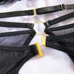 Sexy Lace Lingerie Set 3 Piece Sheer Mesh Bra Briefs Garter Belt Strappy Hollow Out Waist Cincher Black Erotic Costume Women
